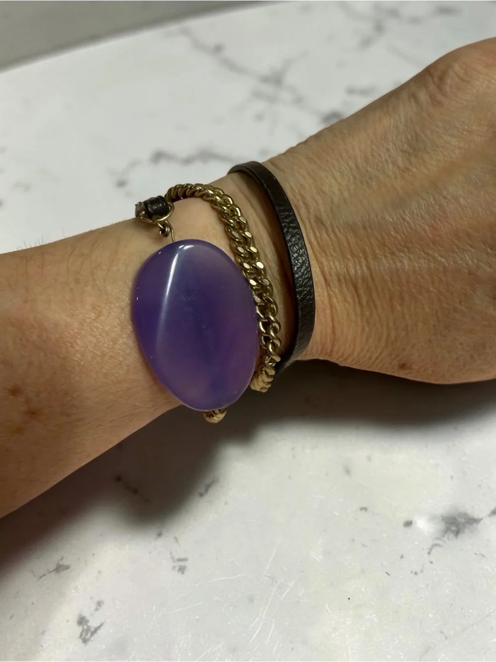 Gold-Tone Bracelet w/Large Purple Stone & Brown Leather